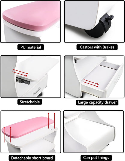 Pedicure voetsteun met wielen Roze/Wit – Manicure voetsteun – Voetsteun voor salon – Pedicure voetbank – Voetsteun met opbergruimte – Verwijderbare PU-bekleding – 4 zwenkwielen met rem