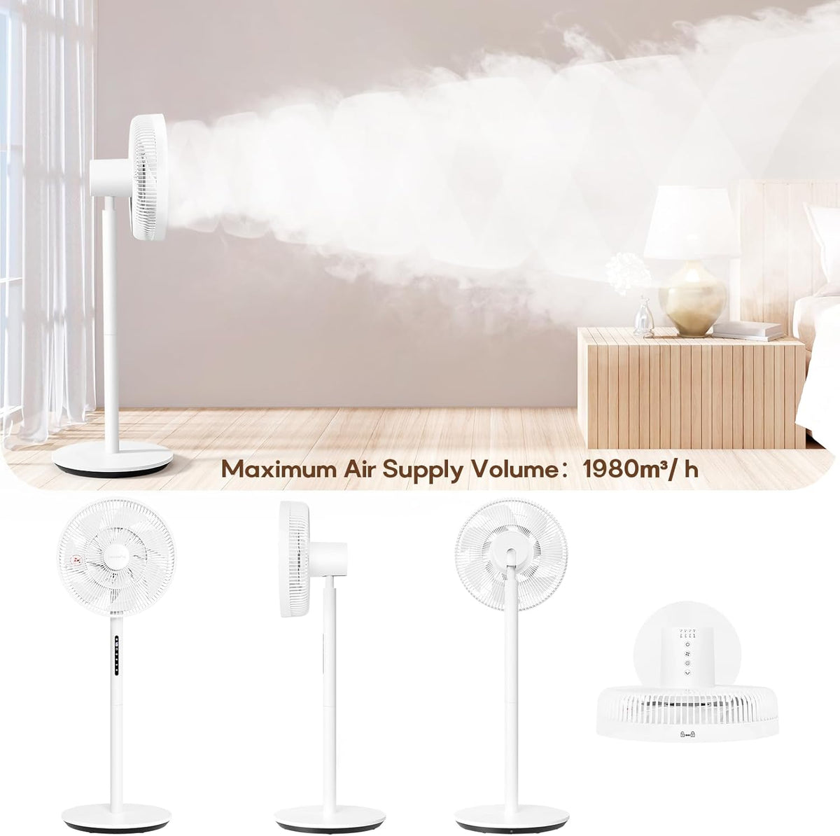 LeaderPro 12,8 dB Stille Staande Ventilator, 1980 m³/h Luchtvolume, 120° Oscillatie, 90° Handmatige Verticaal, 8 Snelheden, DC Motor, Afstandsbediening, LED Display, 8U Timer, Hoogte Verstelbaar, Wit