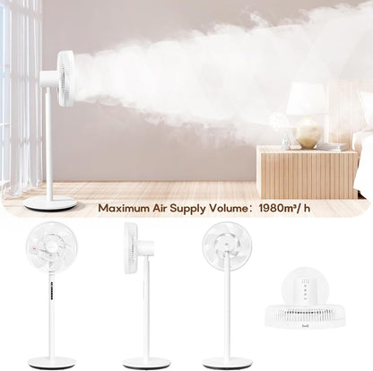 LeaderPro 12,8 dB Stille Staande Ventilator, 1980 m³/h Luchtvolume, 120° Oscillatie, 90° Handmatige Verticaal, 8 Snelheden, DC Motor, Afstandsbediening, LED Display, 8U Timer, Hoogte Verstelbaar, Wit