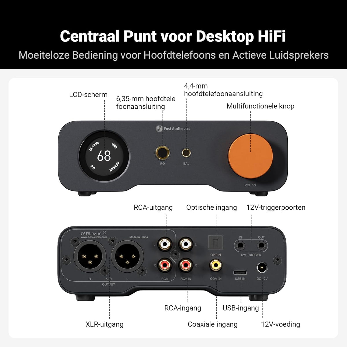 Fosi Audio ZH3 DAC-hoofdtelefoonversterker, Volledig Symmetrisch Voorversterker met AKM4493SEQ XMOS XU316 PCM 768 kHz voor Versterkers, USB/OPT/COAX/RCA/12V Trigger-in, XLR/RCA/4,4mm/6,35 mm-uit.