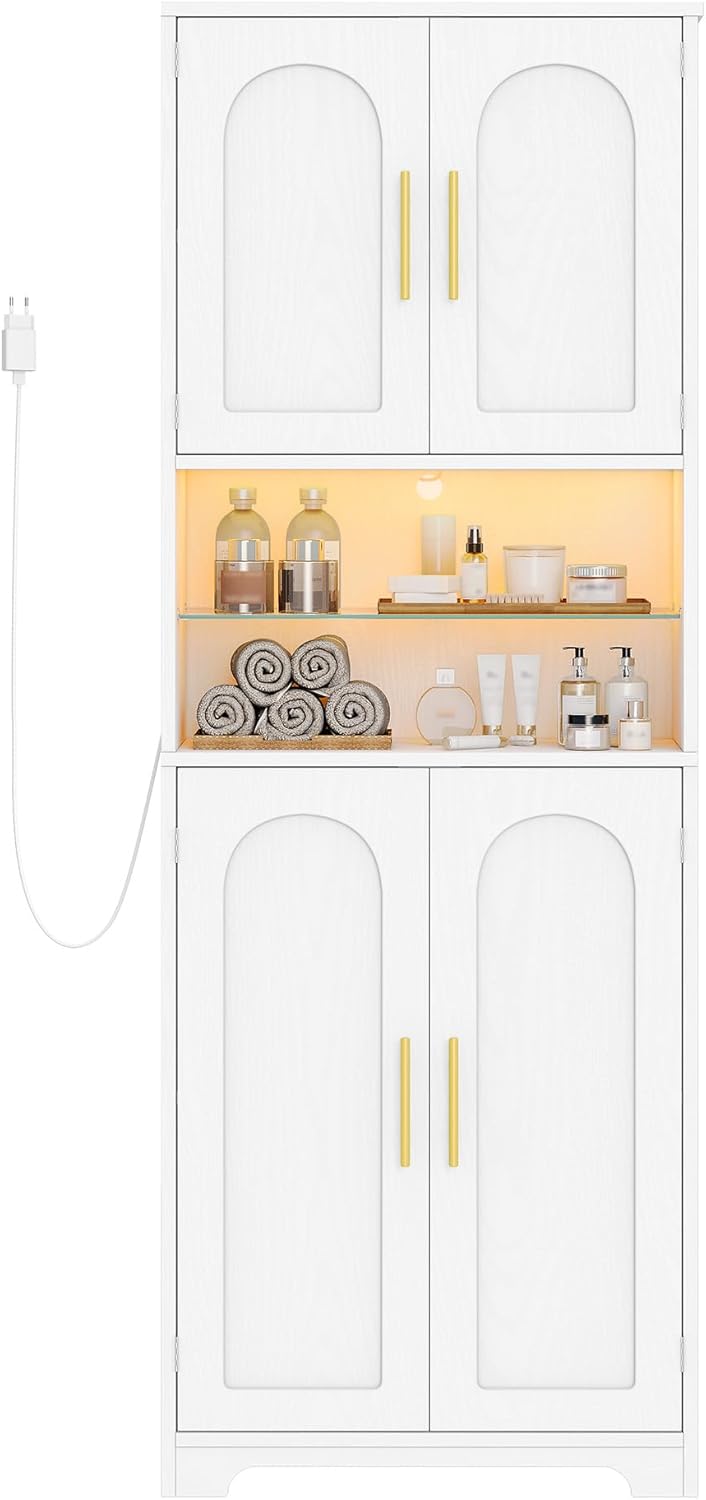 Hzuaneri Bathroom Cabinet, Bathroom Cabinet, Tall Cabinet with Colour Changing LED Lights and 4 Doors, Adjustable Shelves, Living Room, Bathroom, 30 x 60 x 170 cm, White Wood Grain SC68213X