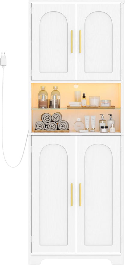 Hzuaneri Bathroom Cabinet, Bathroom Cabinet, Tall Cabinet with Colour Changing LED Lights and 4 Doors, Adjustable Shelves, Living Room, Bathroom, 30 x 60 x 170 cm, White Wood Grain SC68213X