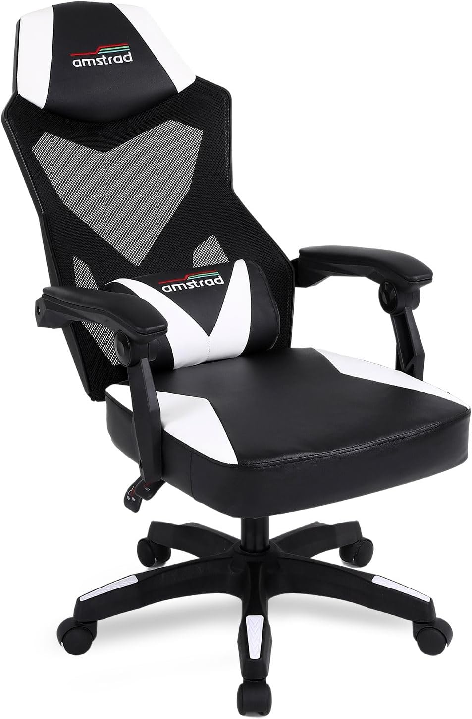 Gaming en bureaustoel met kantelbare rugleuning 135°, ademend netweefsel, lendenkussen, wit en zwart