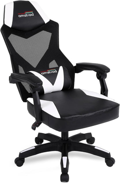Gaming en bureaustoel met kantelbare rugleuning 135°, ademend netweefsel, lendenkussen, wit en zwart