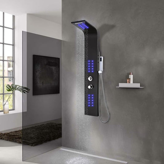 Aluminium Douchepaneel – Douchecolumn – Douchewand – Regendouche – Massagepaneel – Modern Zwart – Thermostaat Met 30 LED Lampjes