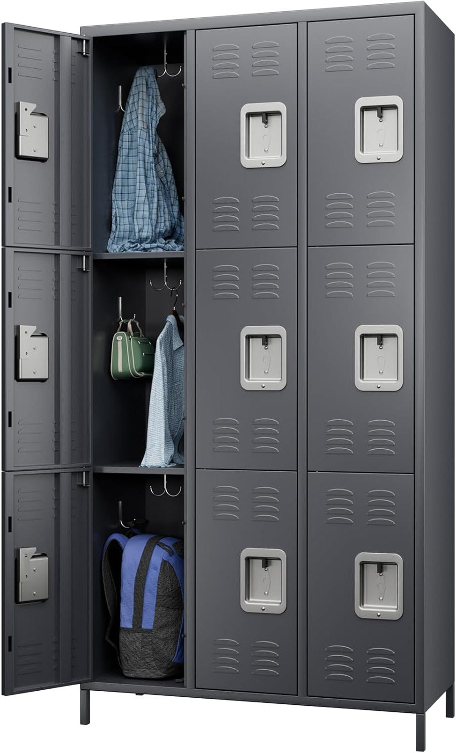 9-Compartment Metal Locker, Metal Wardrobe with Ventilation Slots for Workers, Sports Hall, School, Office (Dark Grey) - QUORE