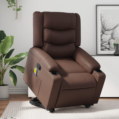 Massagestoel – Sta-Op Stoel – Relaxfauteuil – Massagefauteuil – Elektrische Liftfunctie – Verstelbaar Tot 135° – Kunstleer Bruin – 6-Punts Vibratiemassage