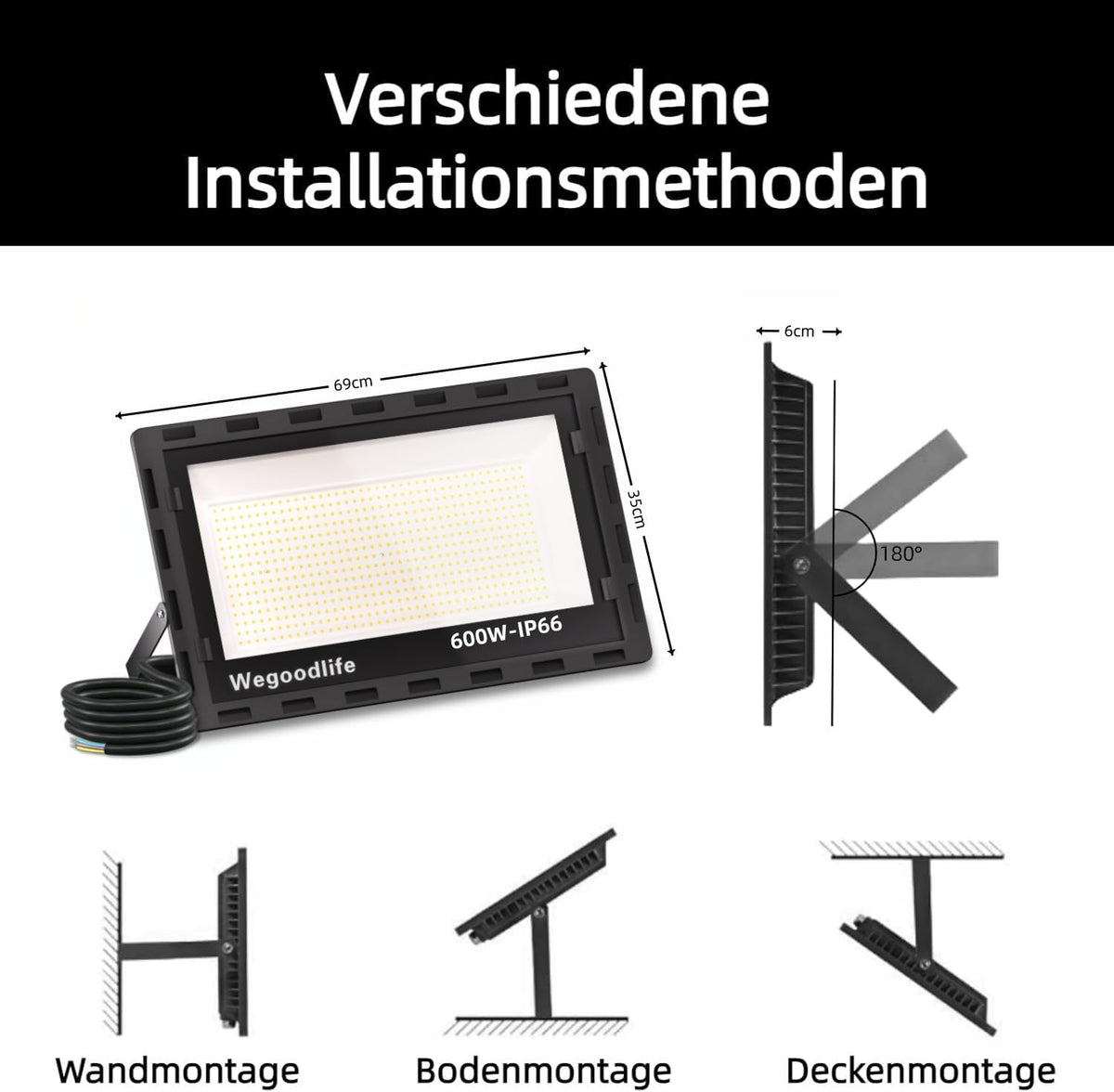 Led-schijnwerper voor buiten, 600 W, superhelder, 60.000 lumen, 6500 K, koudwit, IP66 waterdicht, 50 cm kabel zonder stekker, buitenlamp voor tuin, achtertuin, hal