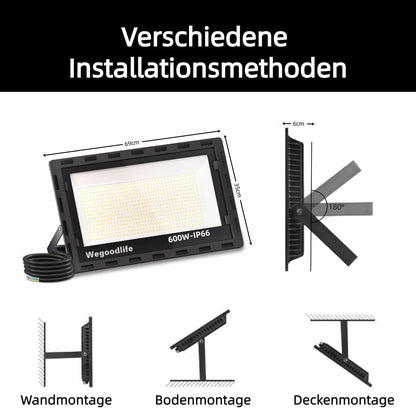 Led-schijnwerper voor buiten, 600 W, superhelder, 60.000 lumen, 6500 K, koudwit, IP66 waterdicht, 50 cm kabel zonder stekker, buitenlamp voor tuin, achtertuin, hal