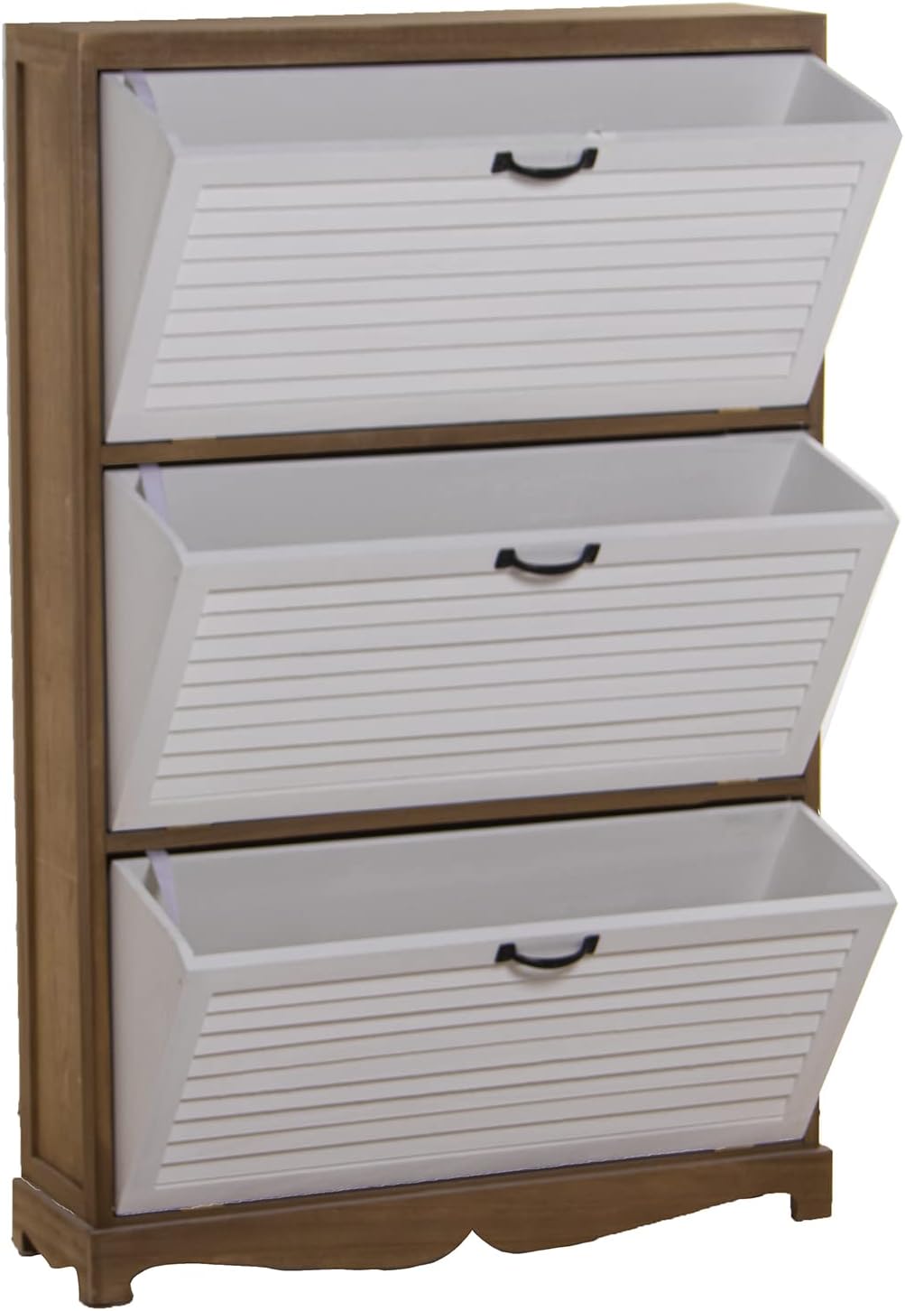 DRW Schoenenkast met 3 deuren van paulownia-hout in natuur en wit, 76 x 22 x 119 cm