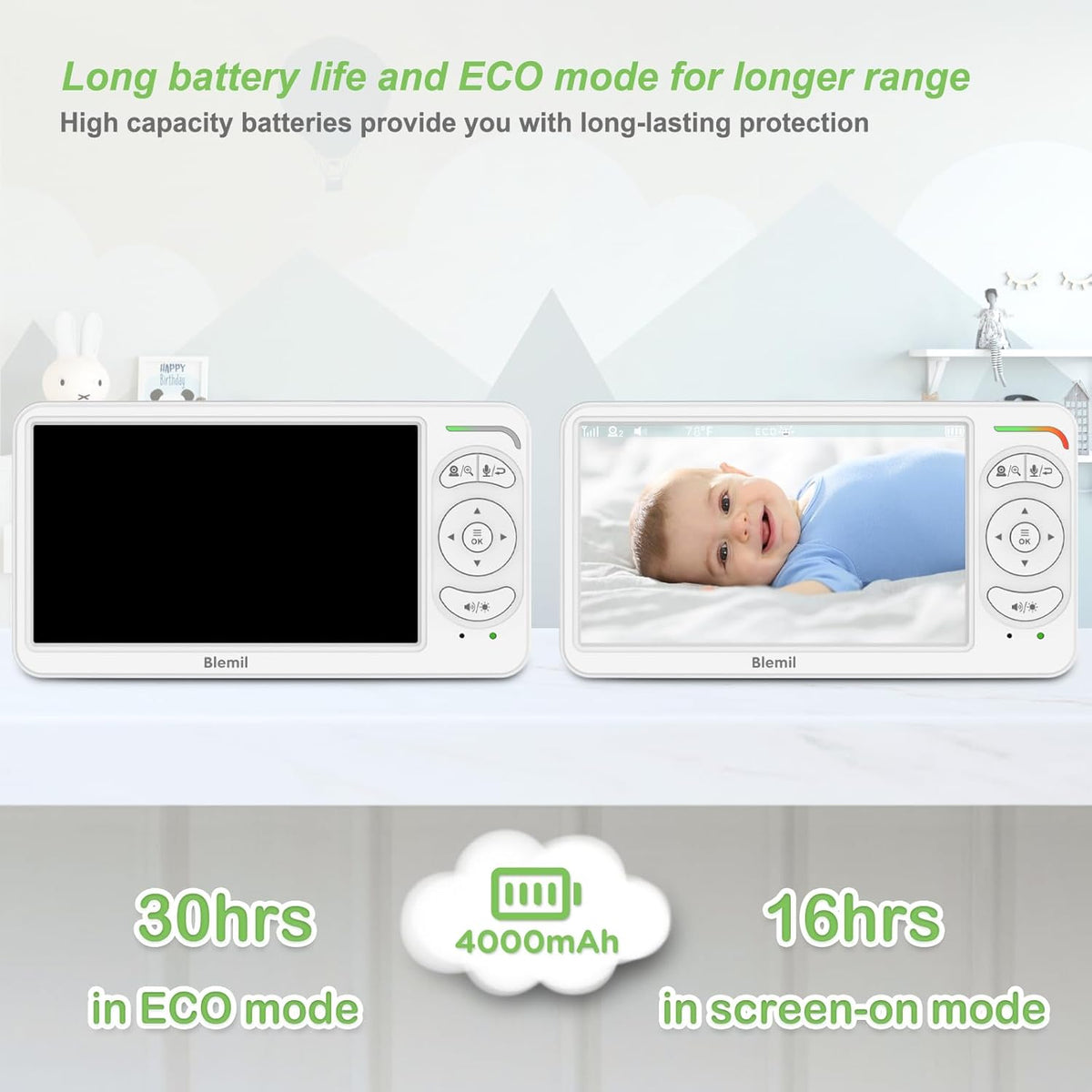 Blemil Babyfoon, Video Babyfoon met 2 Camera's en Audio, 6 IPS Grote Split Screen Remote Pan/Tilt/Zoom Babyfoon, Videomonitorcamera's met helder nachtzicht en 30 uur batterij Levensduur