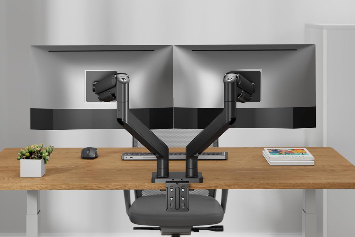 DIGITUS monitorbeugel – 2 schermen – tot 45 inch – draagvermogen 20 kg – mechanische veer – voor platte en gebogen monitoren – VESA 75x75 100x100 – draaien, zwenken, kantelen – zwart