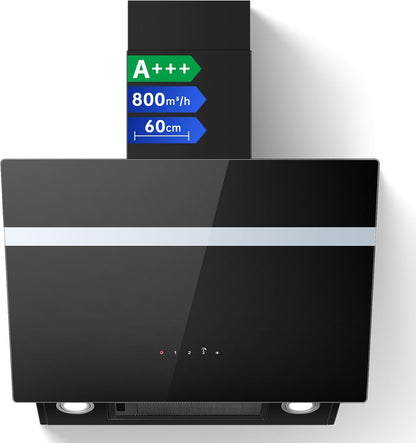 TopStrong Afzuigkap 60 cm, 800 m³/h afzuigkap convectie/afvoerlucht met actieve koolfilter, A+++, stille kopvrijkap met ledverlichting, wandkappen 3 standen + booster touchscreen, borstelloze motor