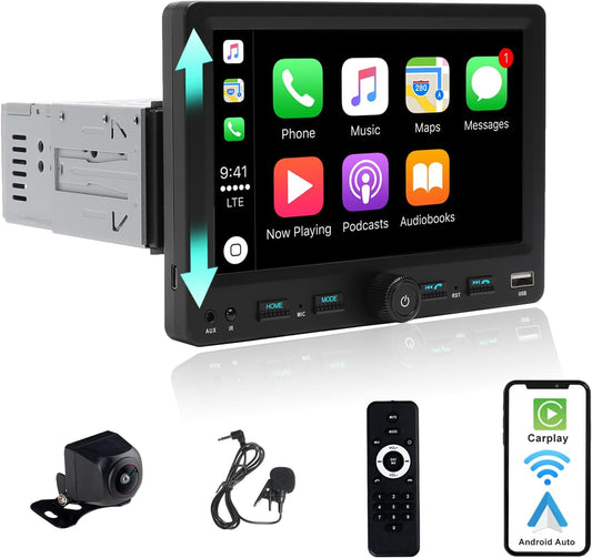 Autoradio 1 DIN met 7" scherm instelbaar Touchscreen, Compatibel met [Wireless] Apple CarPlay/Android Auto Bluetooth Achteruitrijcamera AM/FM/RDS Radio Type-C USB (3A snel opladen) AUX SD