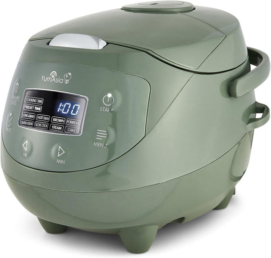 Yum Asia Panda Mini Rijstkoker Met Ninja Keramische Kom en Advanced Fuzzy Logic (3,5 kop, 0,63 liter) 4 Rijstkookfuncties, 4 Multicooker-functies, LED-display, 220-240V (Saliegroen)