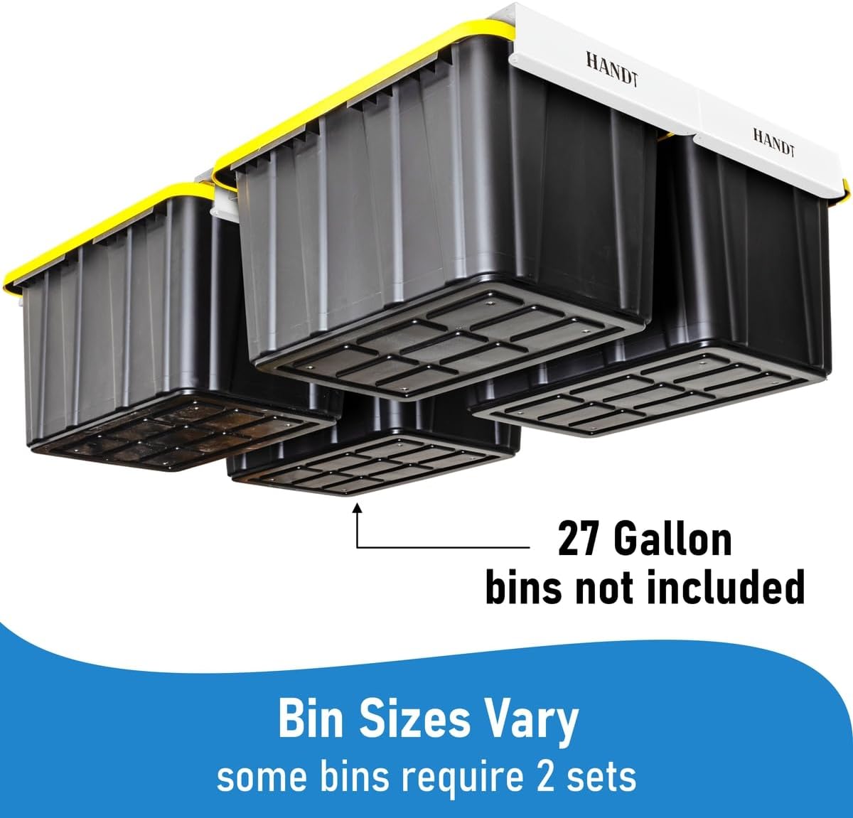 HANDT Overhead Garage Opbergrek, Plafond Tote Bin Organisatie Rails Rekken Systeem, Heavy Duty Opknoping Metalen Rek Systemen voor 27 Gallon Container, Ondersteunt de meeste andere Bakken, 4 Sets Wit