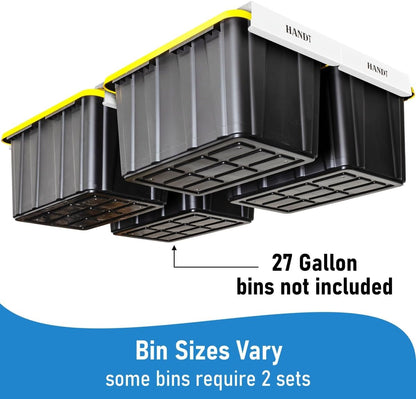 HANDT Overhead Garage Opbergrek, Plafond Tote Bin Organisatie Rails Rekken Systeem, Heavy Duty Opknoping Metalen Rek Systemen voor 27 Gallon Container, Ondersteunt de meeste andere Bakken, 4 Sets Wit