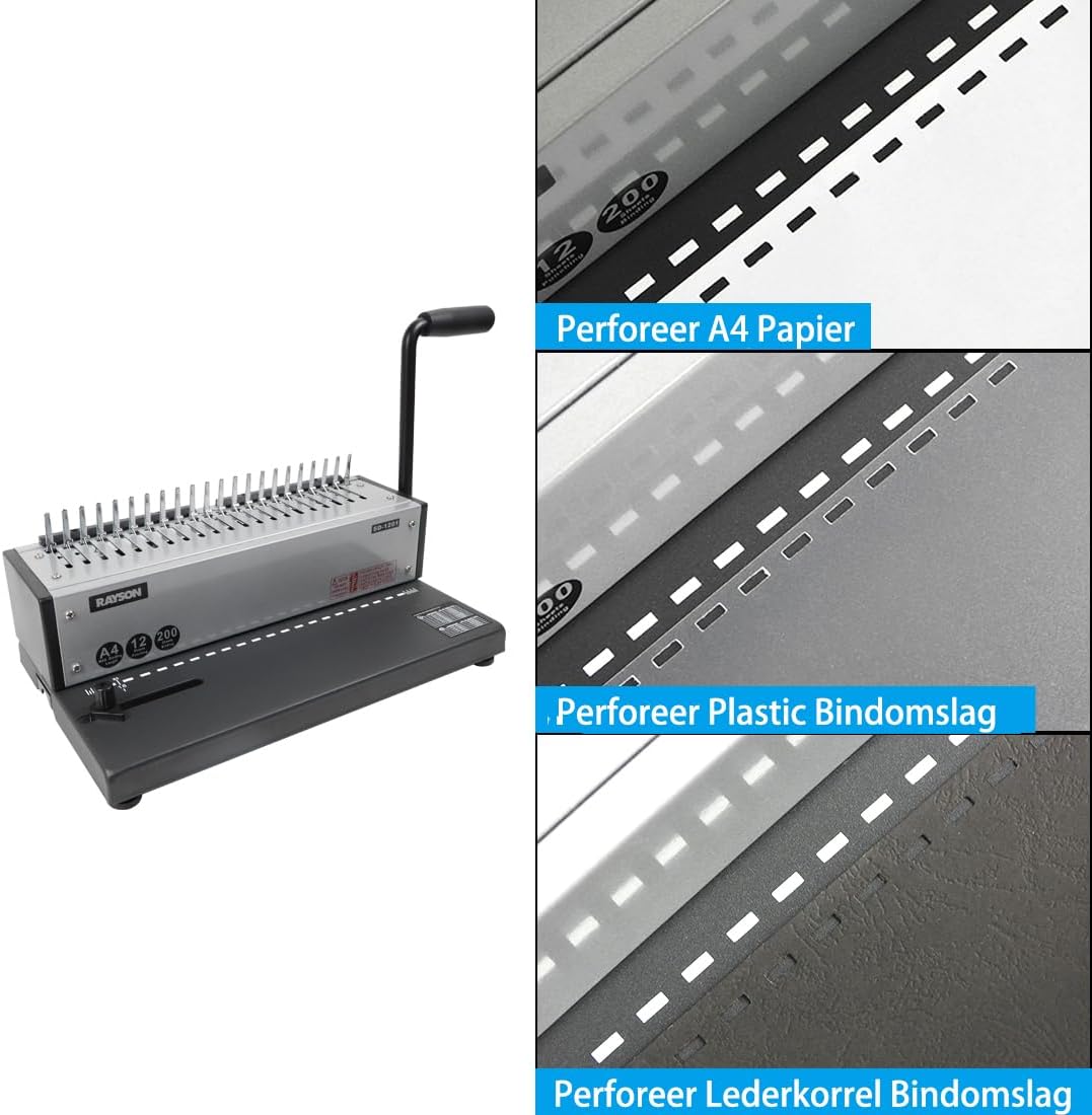 RAYSON SD-1201 Plastic kambindmachine, 21 gaten, perforeert 12 A4-bladzijden, bindt tot 200 pagina’s