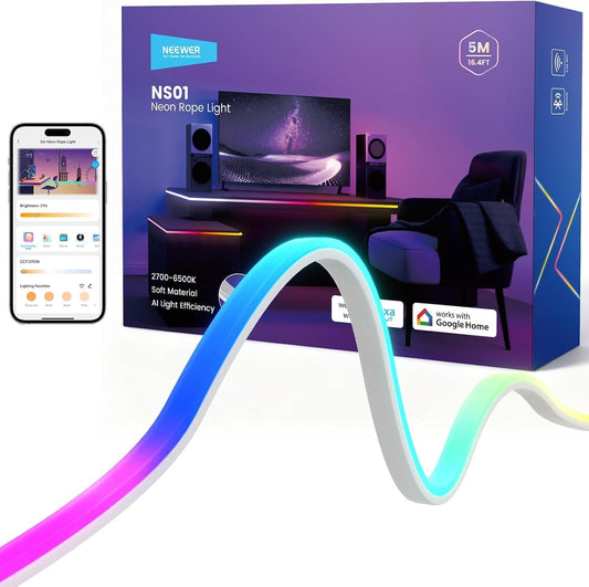 NEEWER Ledstrip, 5 m, voorverlichting, neon RGB-verlichting, op maat te snijden, Smart AI, app-besturing met kleurverandering, voor slaapkamer, speelkamer, werkkamer, huis, klaslokaal, buitenmuur