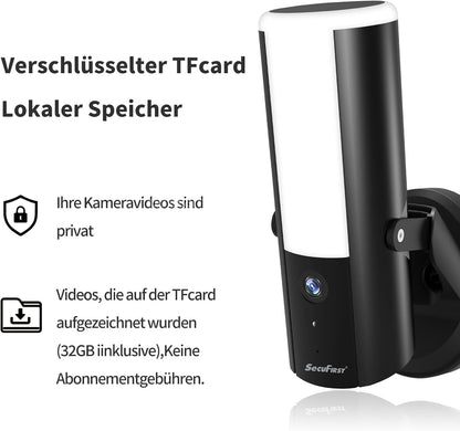 SecuFirst bewakingscamera voor buiten met LED buitenverlichting, met bewegingsmelder, dimbare helderheid (900lm), aluminium camera bewaking outdoor, KI-herkenning, WLAN, 2K, 32GB SD-kaart,