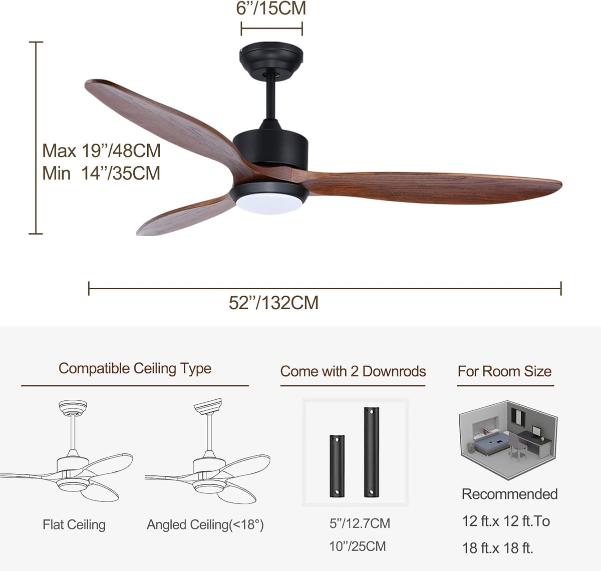 Ovlaim 132cm walnoot houten plafondventilatoren met afstandsbediening verlichting, 3-bladige propeller slimme plafondventilator voor binnen buiten, hoge luchtstroom stille DC-motor