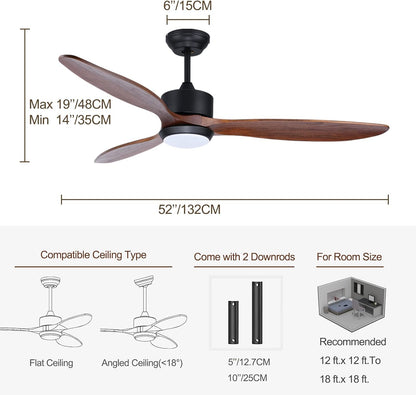 Ovlaim 132cm walnoot houten plafondventilatoren met afstandsbediening verlichting, 3-bladige propeller slimme plafondventilator voor binnen buiten, hoge luchtstroom stille DC-motor
