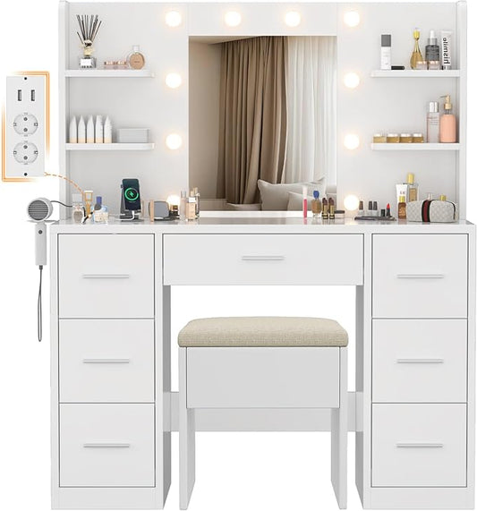 Kaptafel – Make-uptafel – Dressoir – Toiletmeubel – Toogtafel – Large Spiegel 52x41 cm – 10 LED-lichtpunten met Instelbare Helderheid