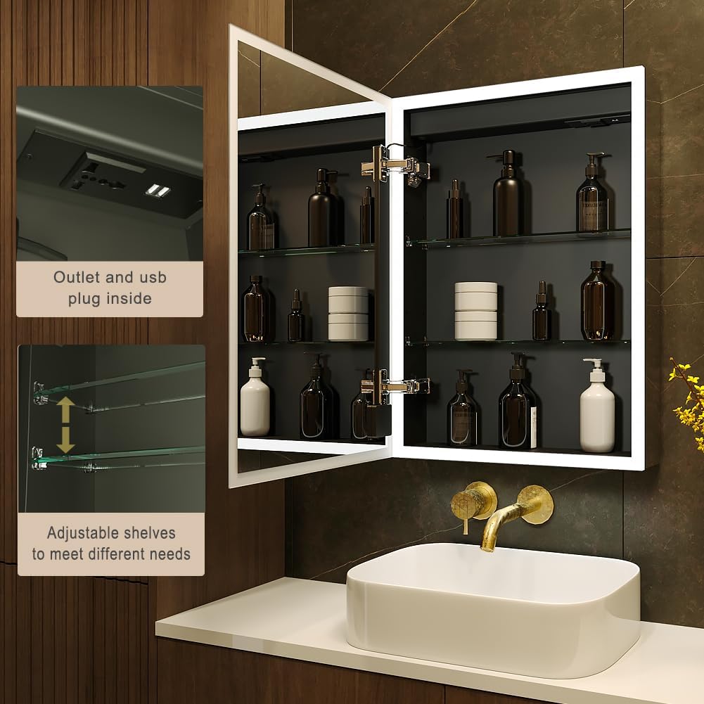 KWW LED Illuminated Bathroom Medicine Cabinet with Sockets and USBs, Dimmable, 3 Colors Light Makeup Mirror, Easy to Install, Wall Mounted Cabinet (Left Hinge - 20x28) - QUORE