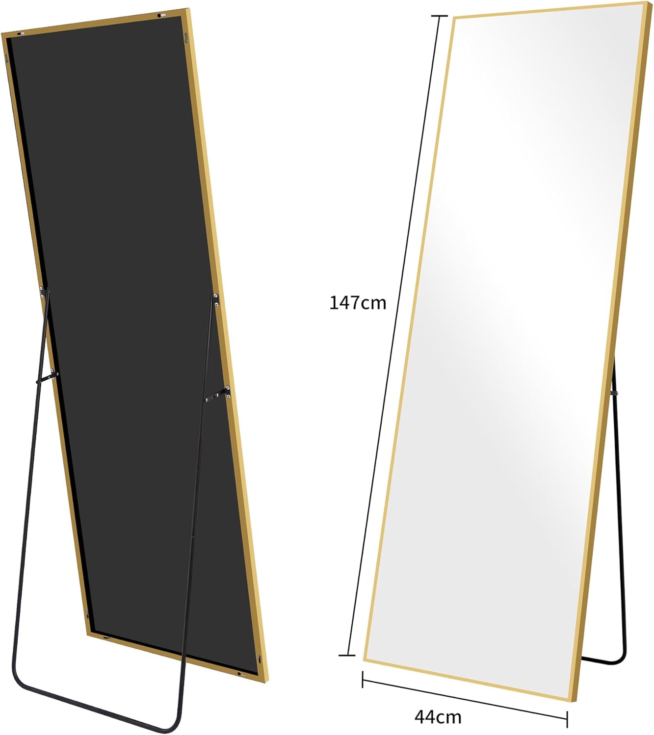 WOLIBEER Volledige spiegel, 147 x 44 cm, rechthoekige full-body spiegel met goudkleurig aluminium frame, wandspiegel, staande spiegel voor slaapkamer, kleedkamer, fitnessstudio, hal