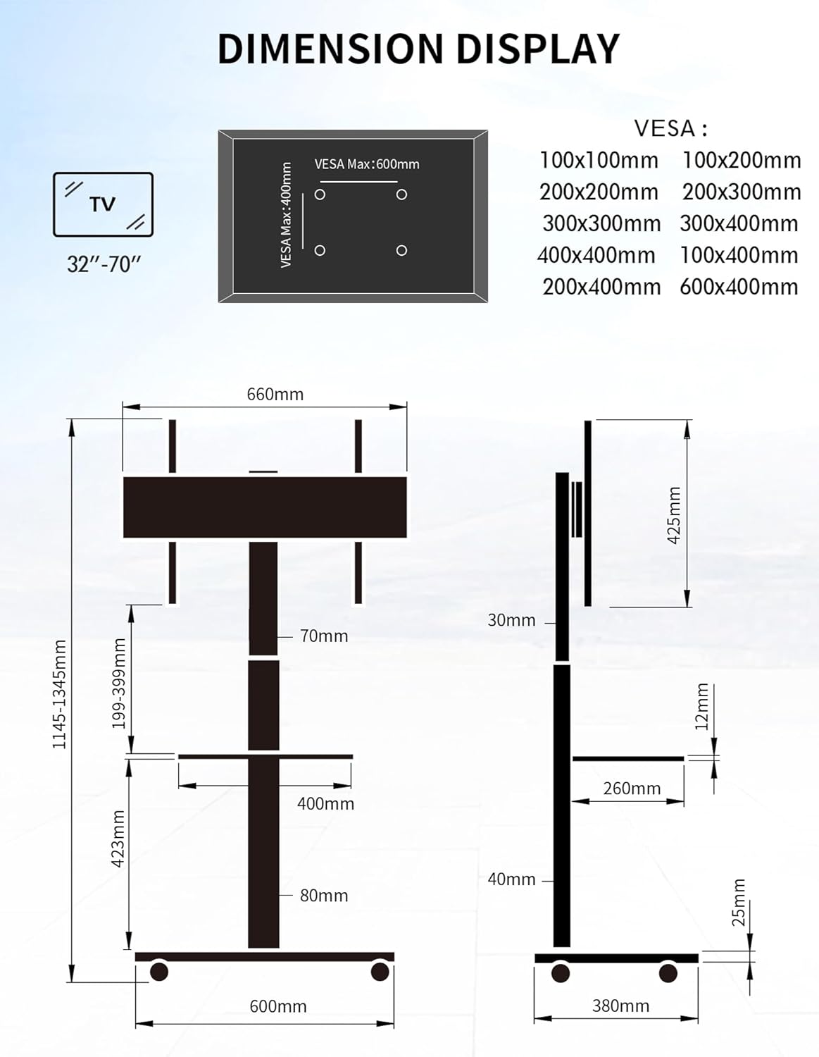 Mobiele Tv-standaard Met Houten Voet – Verrijdbare Tv-standaard – Tv-standaard Op Wielen – Tv-Trolley – Tv-Onderstel – Voor 32-70 Inch, Tot 45 Kg – In Hoogte Verstelbaar Tot Ca. 130 Cm, Draaibaar ±25 Graden