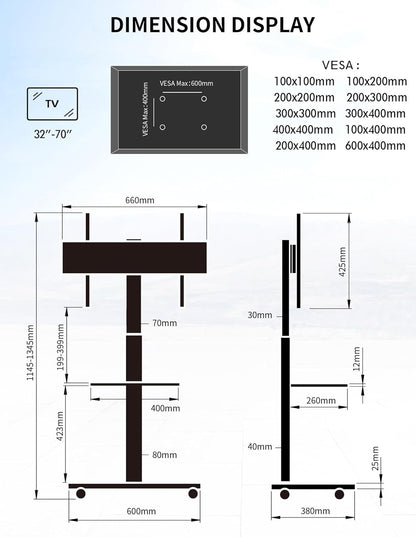 Mobiele Tv-standaard Met Houten Voet – Verrijdbare Tv-standaard – Tv-standaard Op Wielen – Tv-Trolley – Tv-Onderstel – Voor 32-70 Inch, Tot 45 Kg – In Hoogte Verstelbaar Tot Ca. 130 Cm, Draaibaar ±25 Graden