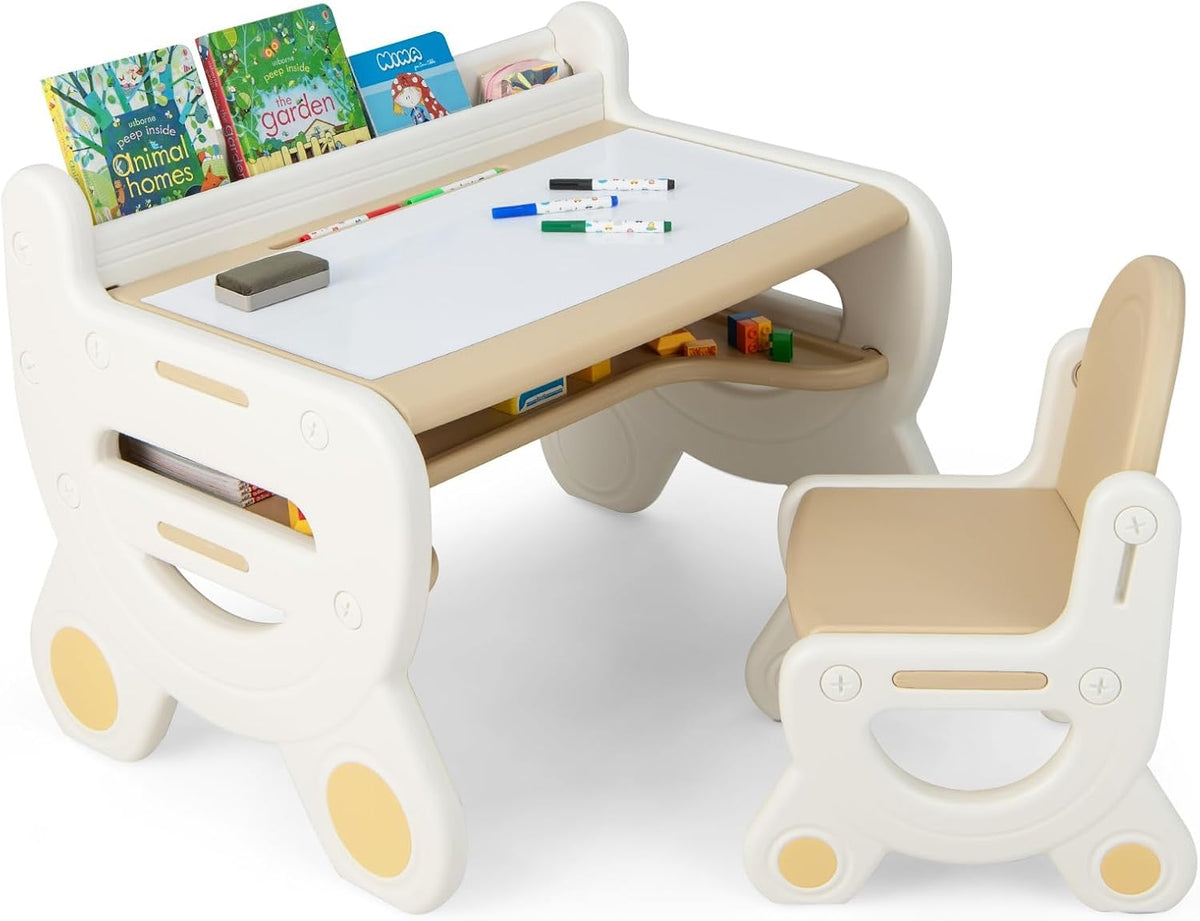 FANTASK Kinderzitgroep met in hoogte en kantelbaar tafelblad, kindertafel met kruk, om te tekenen, leren, spelen en eten, voor kinderen vanaf 3 jaar (bruin)