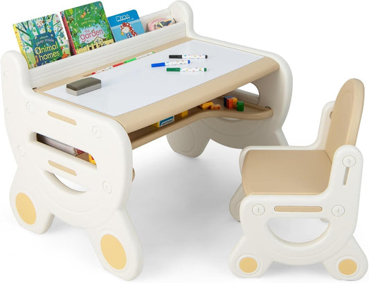 FANTASK Kinderzitgroep met in hoogte en kantelbaar tafelblad, kindertafel met kruk, om te tekenen, leren, spelen en eten, voor kinderen vanaf 3 jaar (bruin)