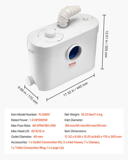 VEVOR 900 W Toilet Reduction Pump Head 12 m with 4 Water Inputs, Wastewater Drainage Machine for Toilet, Basement, Shower, Washbasin, Laundry