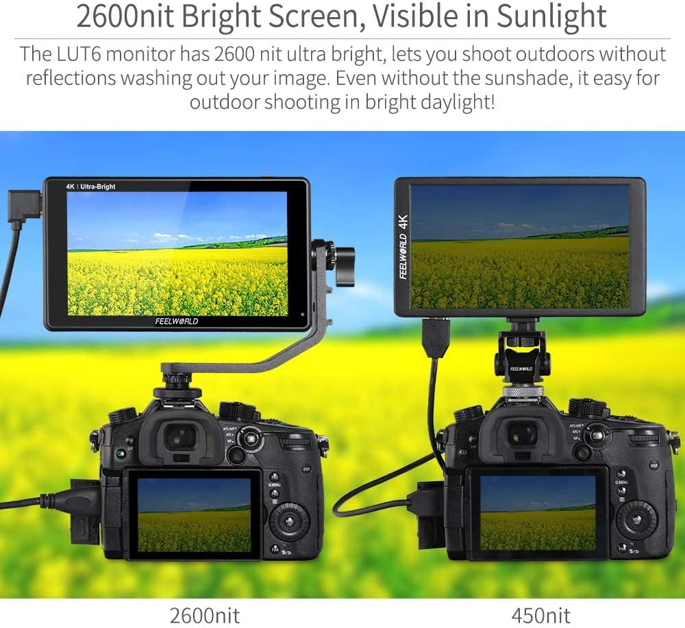 FEELWORLD LUT6 2600Nit Video Field Monitor 6 Inch TouchScreen Camera Monitor with 3D LUT, HD 1920x1080 IPS,4K HDMI Input/Loop Output,HDR Waveform,Focus Video Assist for DSLR - QUORE