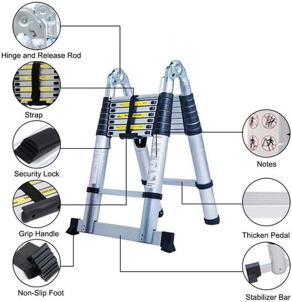 Telescoopladder, uitschuifbare ladder, van hoogwaardige aluminium ladder, multifunctionele ladder, telescopisch design, tot 150 kg belastbaar (5 m, 2,5 + 2,5 mm)