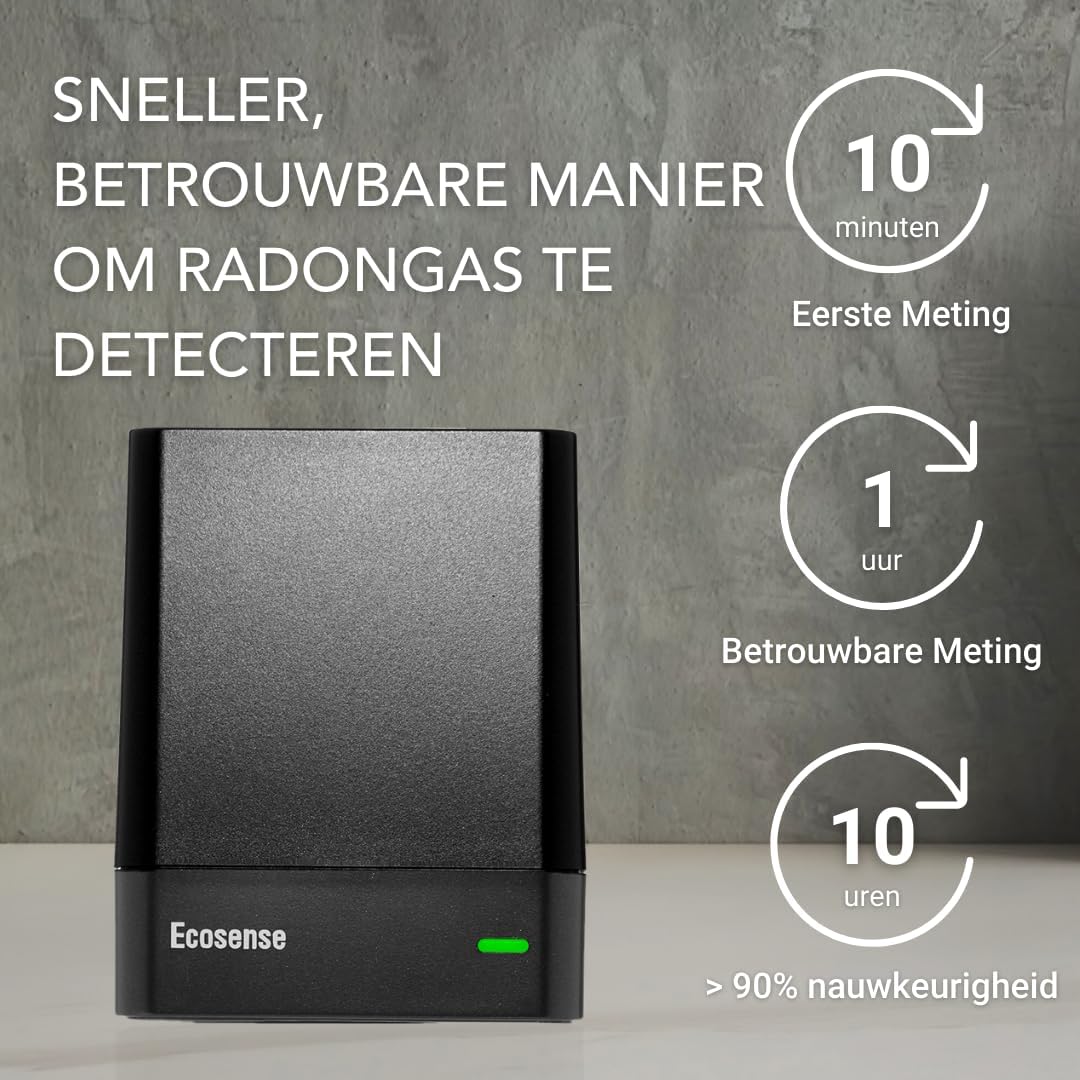 Ecosense EQ100 EcoQube, digitale radondetector, snelle detectie van schommelende niveaus, korte- en langetermijnmonitoring met trendgrafieken, externe gegevens toegang, Wi-Fi 2,4 GHz alleen netwerken