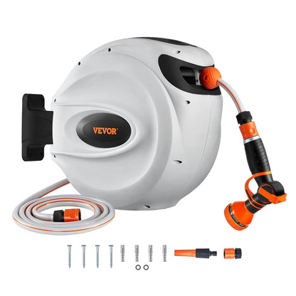 VEVOR Intrekbare tuinslanghaspel, 1/2" x 100 ft wandgemonteerde slanghaspel, zware tuin met 9 patronen mondstuk, elk lengteslot, automatisch terugspoelen langzaam retoursysteem en 180 ° draaibare