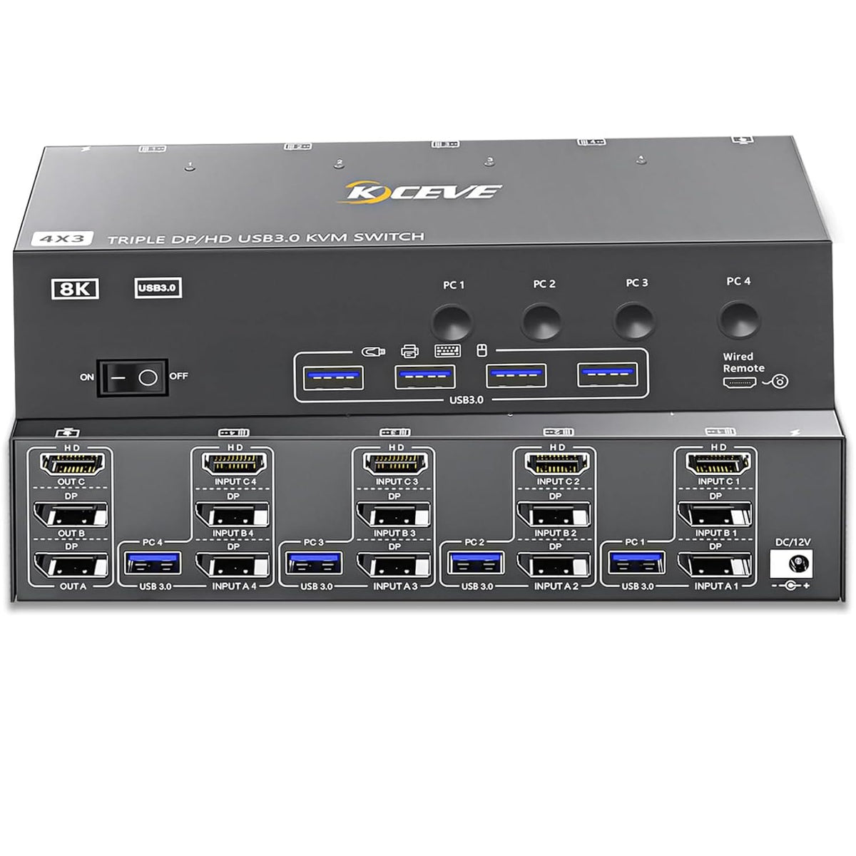 YOUTINGHD KVM Switch 4 PC 3 Monitoren 8K @60Hz 4K @144Hz, USB 3.0 Triple Monitor 2x DisplayPort 1.4 + HDMI 2.1 Muistoetsenbord, Bedrade Afstandsbediening en Power