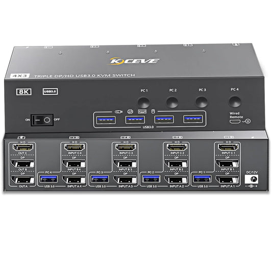 YOUTINGHD KVM Switch 4 PC 3 Monitoren 8K @60Hz 4K @144Hz, USB 3.0 Triple Monitor 2x DisplayPort 1.4 + HDMI 2.1 Muistoetsenbord, Bedrade Afstandsbediening en Power