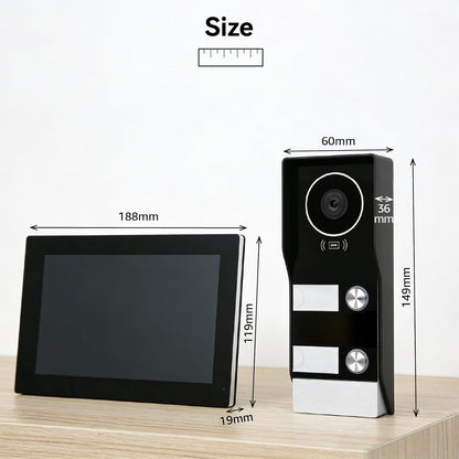 slimme videodeurbel met 2-draads aansluiting, bedrade video-intercom met 2 x 7-inch monitoren, ontgrendeling op afstand,tweeweg audio, RFID,dual-band wifi,set voor twee gezinnen