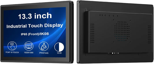 VSDISPLAY 13,3-inch Full HD industriële aanraakmonitor, 1920 × 1080, 300 nits, IP65 voorkant, 10-punts aanraking, brede kijkhoek, metalen behuizing