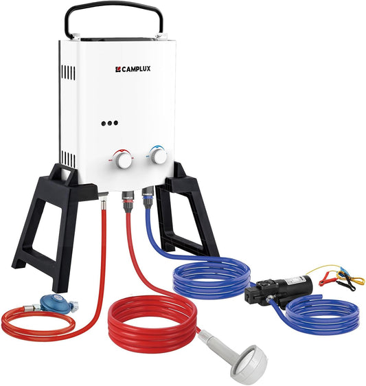 CAMPLUX AY132Max-DE Gasdoorstroomboiler, 5 liter, met steun en waterpomp, LPG, 50 mbar, voor campingdouche/camperuitstapjes, met draagtas