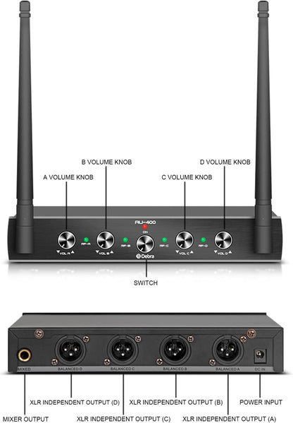 Debra Audio Pro UHF Draadloos 4-Kanaals Microfoonset met Lavalier en Headset, Metalen Ontvanger voor Karaoke en Kerk (B-frequentie)