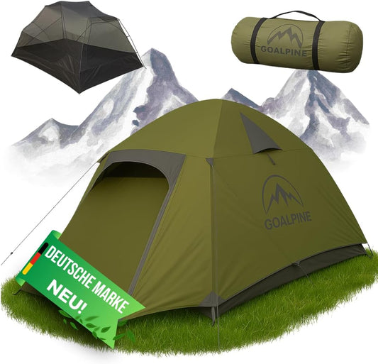 GOALPINE® ESKAPADE II Tent voor 2 grote personen, waterdicht, 4000 mm, kleine verpakkingsmaat, voor wandelen, bergtochten en bikepacking, ultralicht, 3 seizoenen, snelle opbouw