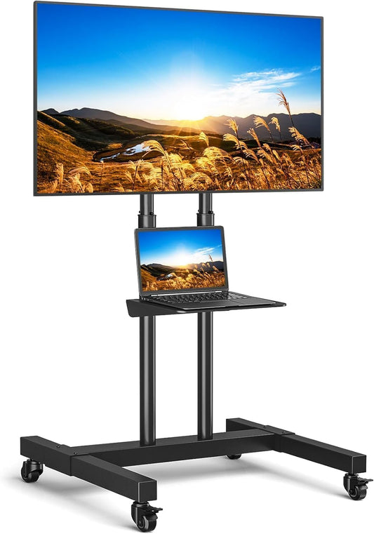 RFIVER Tv-standaard, oprolbaar, televisiestandaard, met wieltjes, tv-wagen, staande standaard voor 32, 40, 42, 50, 55, 65, 70, 75, 80 inch, in hoogte verstelbaar, zwart, max. 50 kg Vesa 600 x 400 mm