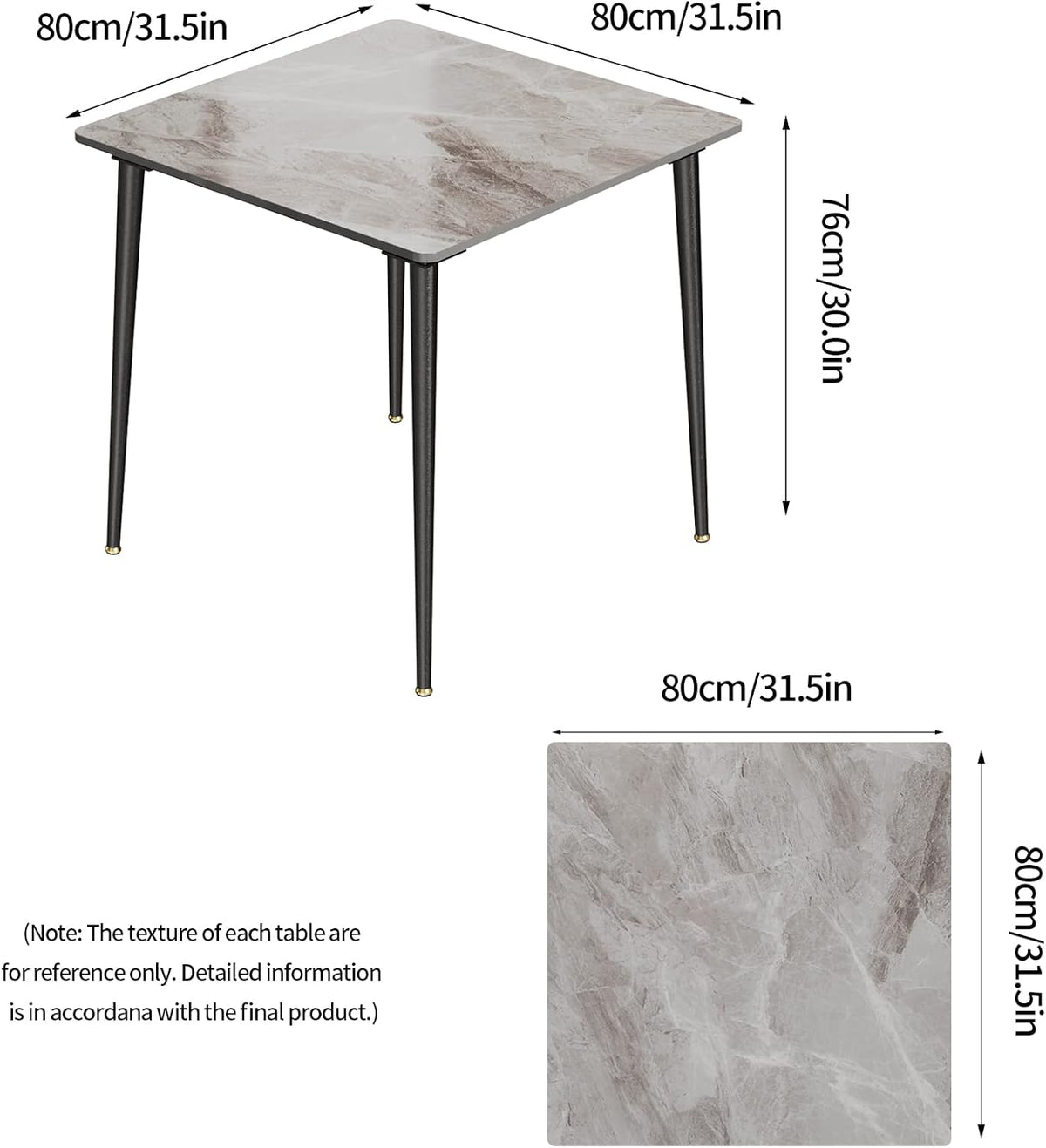 FATIVO Eettafel, kleine keukentafel, marmer voor 2 personen, eetkamertafel, eenvoudig, woonkamer, eettafel, grijs, hoogglans, tafels voor eetkamer, restaurant, metaal, tafelpoten, 80 x 80 cm,