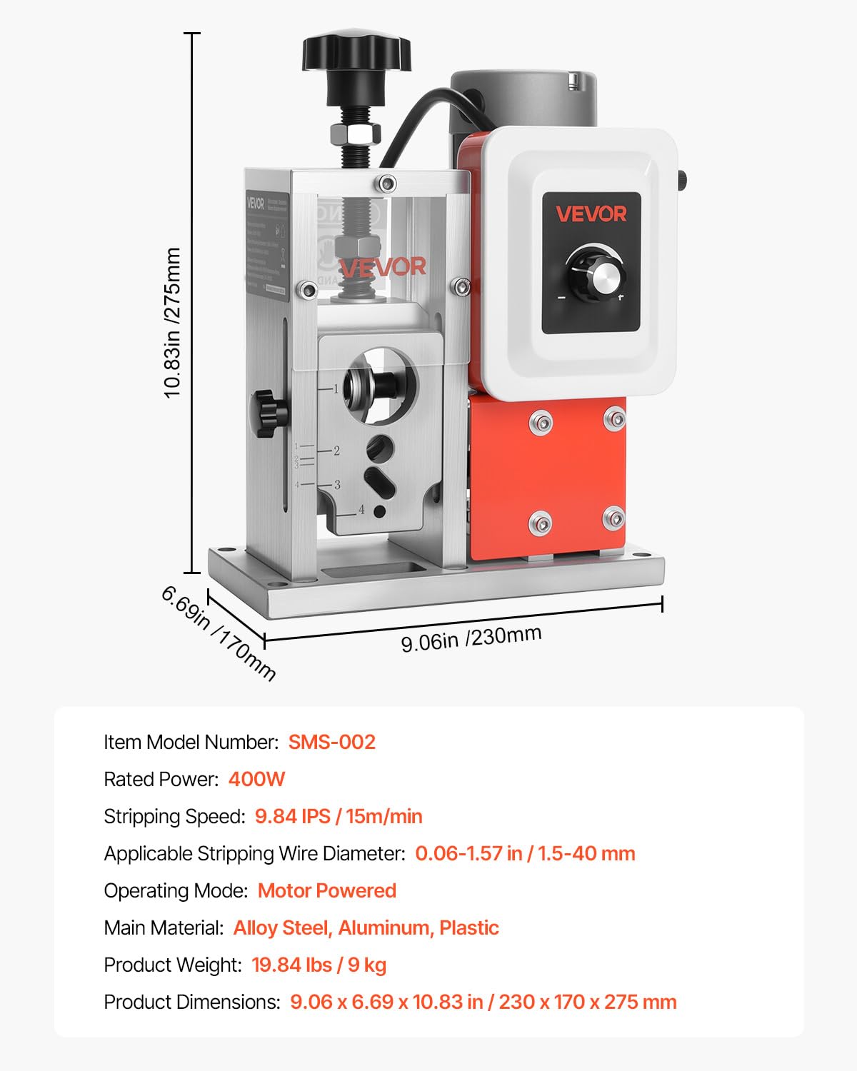 VEVOR Electric Stripper Machine, 1.5-40mm, 400W, Motorized Cable Stripper, 9.84 IPS (15m/min) Wire Peeler with Knives, V Shaped Wheels, Cooling Fan, Cable Peeler