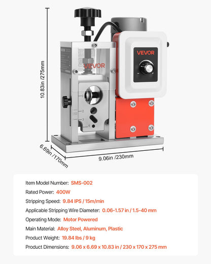 VEVOR Electric Stripper Machine, 1.5-40mm, 400W, Motorized Cable Stripper, 9.84 IPS (15m/min) Wire Peeler with Knives, V Shaped Wheels, Cooling Fan, Cable Peeler