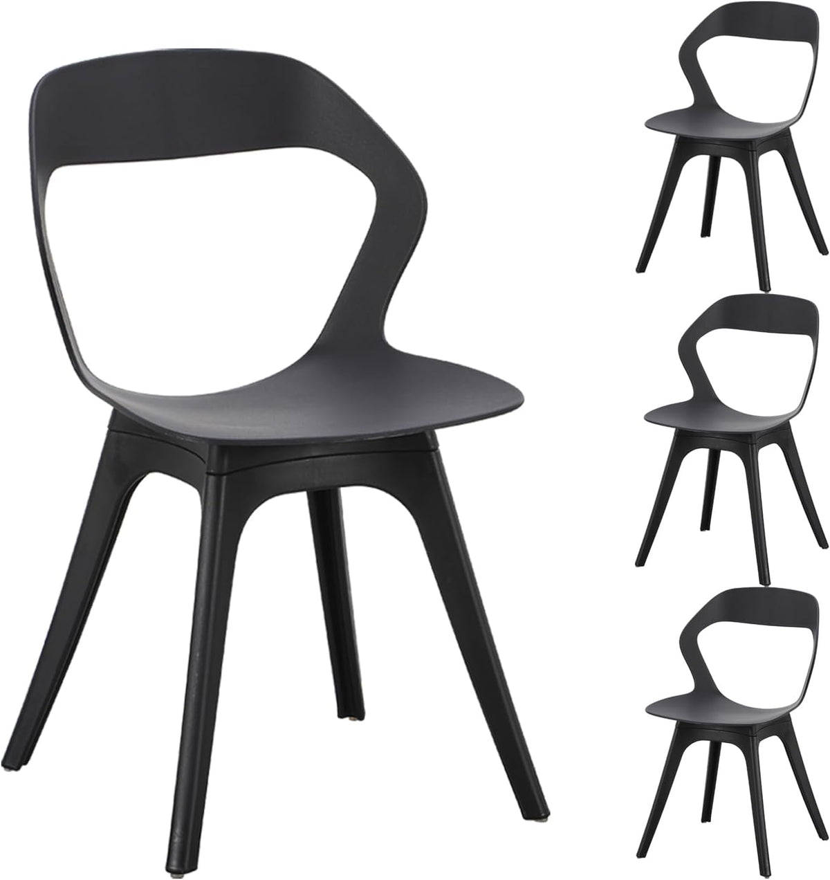 Plastic Eetkamerstoelen - Set van 4 Moderne Buitenkeukenstoelen voor Patio/Woonkamer - Zware Eetkamerstoel met Holle Rug - Mid Century Zijstoel voor Buiten, Bistro, Café - Zwart